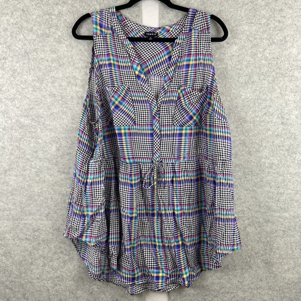 Torrid Blouse Womens 2 Plus Multicolor Plaid Sleeveless Button Front Tunic Top